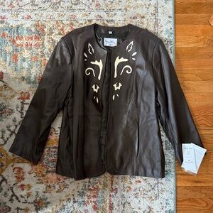 Pamela McCoy Dark Brown Leather Jacket with Cream Details